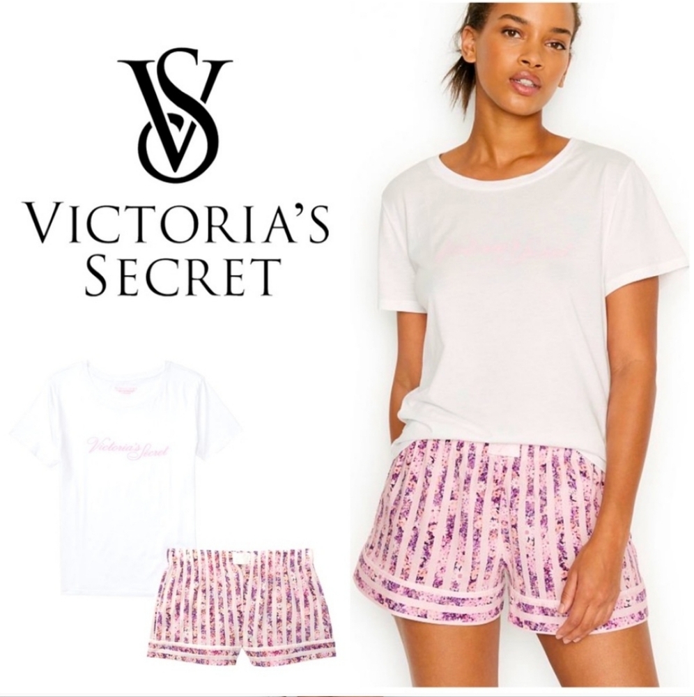 2021 NWT Victoria's Secret Pink Tee-jama SET XS Violet Floral Stripe BNWT 1 LEFT